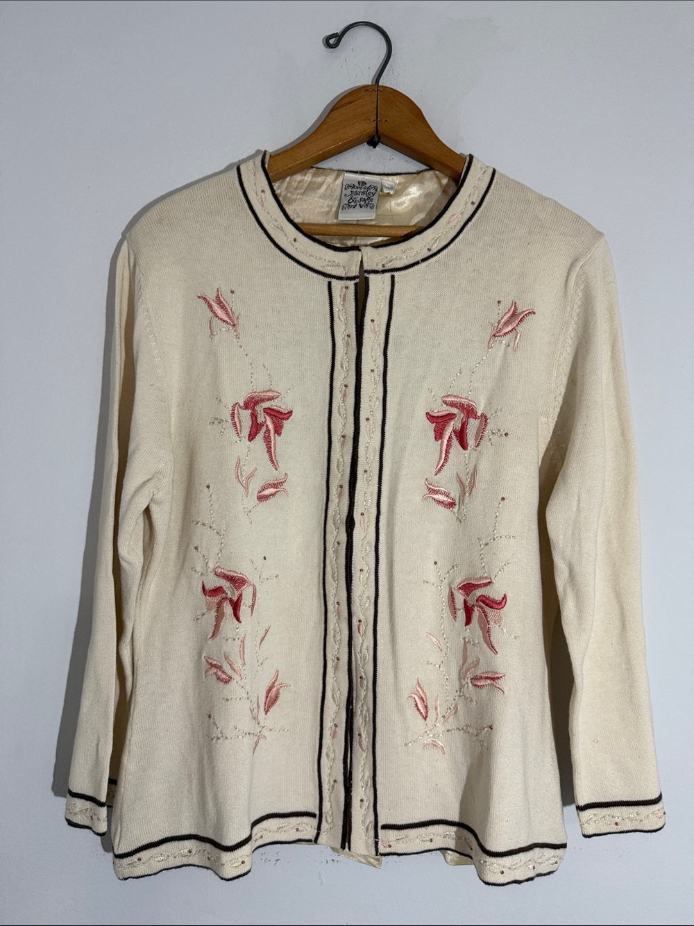 Parsley & Sage Cream Cardigan Jacket Pink Floral Embroidery Cottagecore Feminine